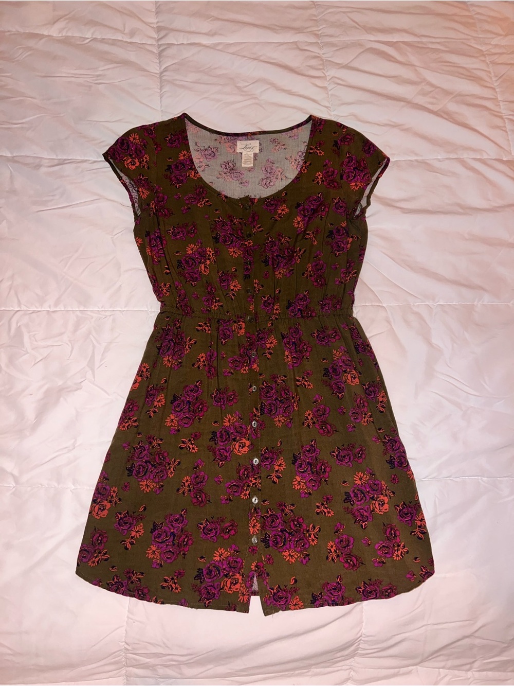 Levi’s Floral Button-Front Olive Green Dress with Purple Roses